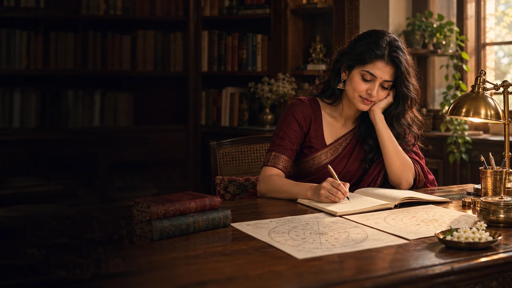 A woman reading her relationship chart in a quiet library